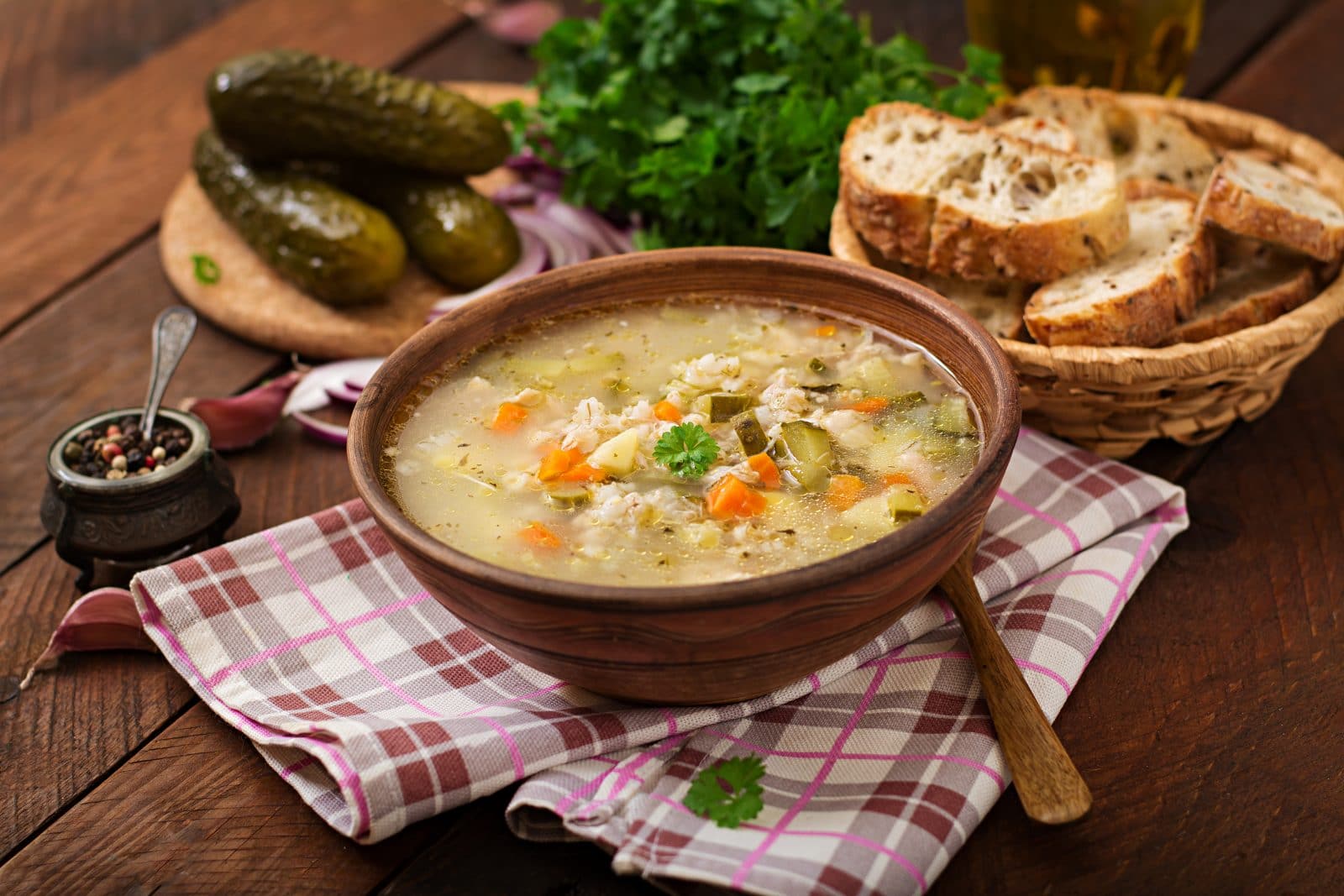 Pearl barley and vegetable soup with sour dough bread