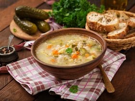 Pearl barley and vegetable soup with sour dough bread