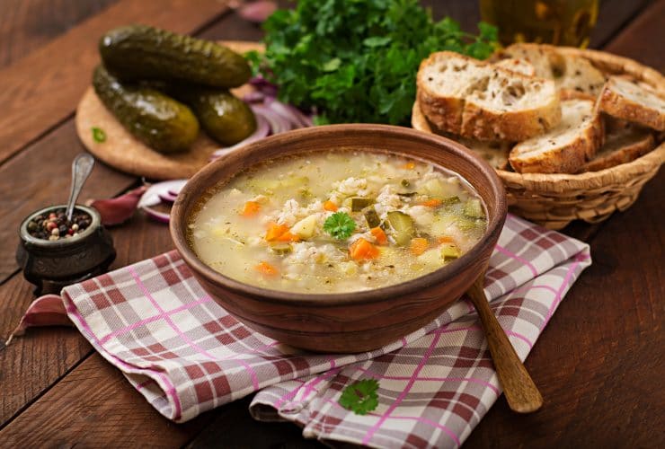 Pearl barley and vegetable soup with sour dough bread