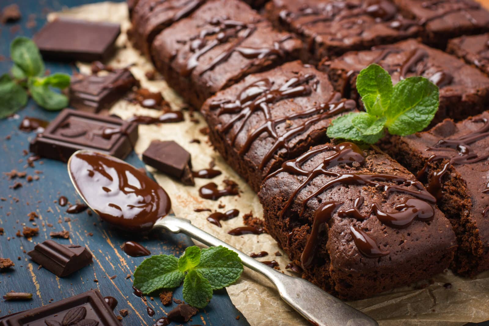 chocolate brownies on dark background