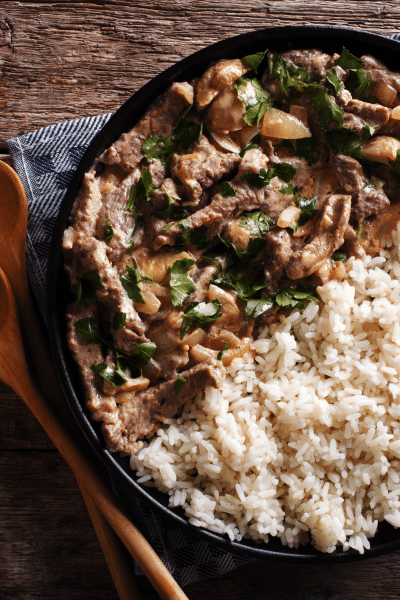Beef Stroganoff with rice