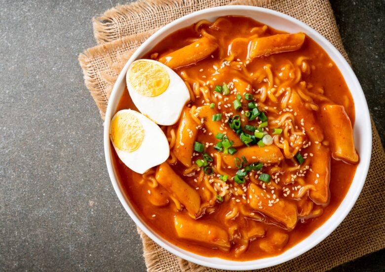 Korean instant noodle and Tteokbokki in Korean spicy sauce, Rabokki - Korean food style