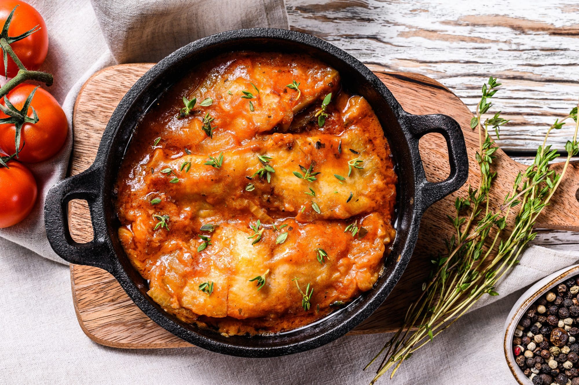 Baked halibut fish in a pan with tomato sauce. White wooden background. Top view