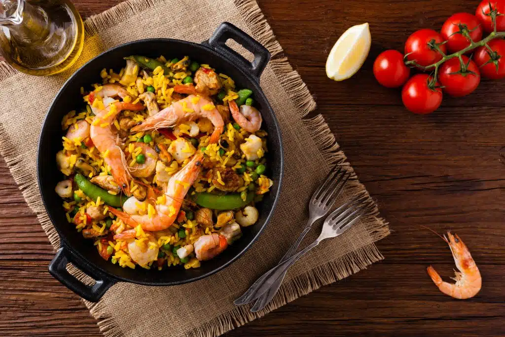 Traditional Spanish paella with seafood and chicken.