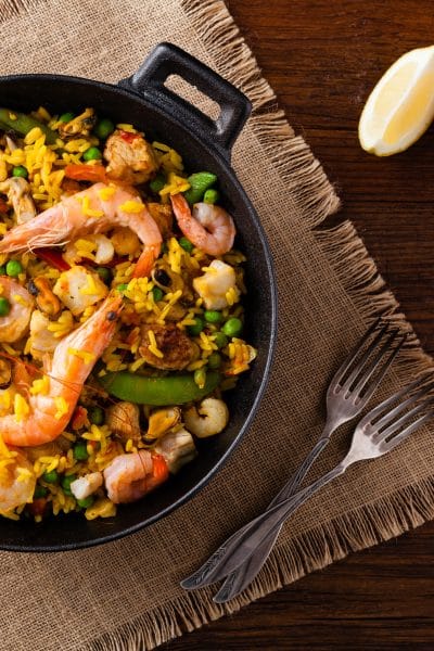 Traditional Spanish paella with seafood and chicken.