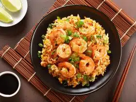 top down view of teriyaki shrimp fried rice 61480